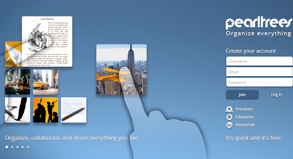 Página inicial do Pearltrees.